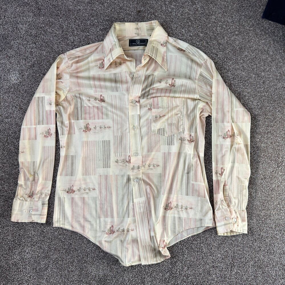 VTG 70s Van Heusen Van Q Disco Shirt Dagger Collar Nylon Novelty Print Large 16.